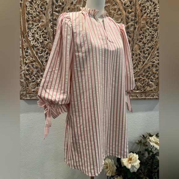 Entro White & Pink Stripe SearSucker Mini Dress, Exaggerated Balloon Sleeves - Picture 4 of 16